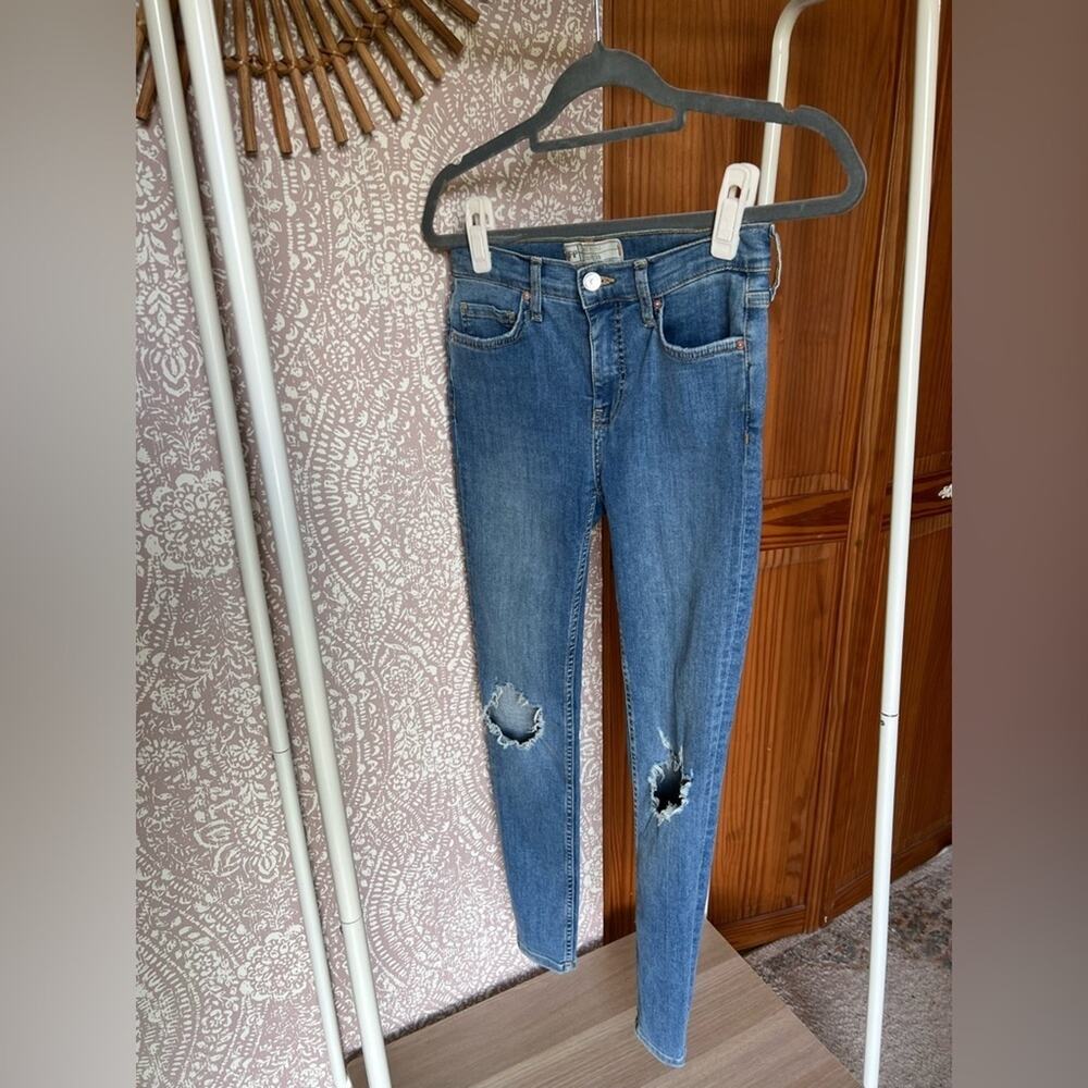Free People Mid-High Rise Medium Wash Distressed Denim Skinny Jeans